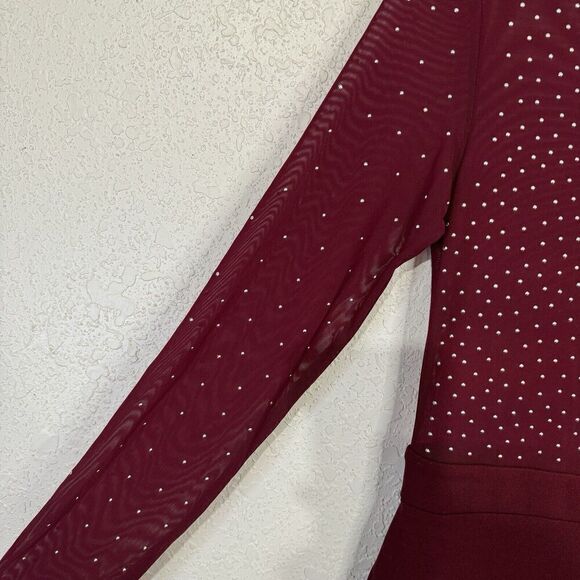 Iris‎ Burgundy Illusion Mesh Silver Studs Bodycon Sz M Hi Neck Jumpsuit NWT - Picture 13 of 14